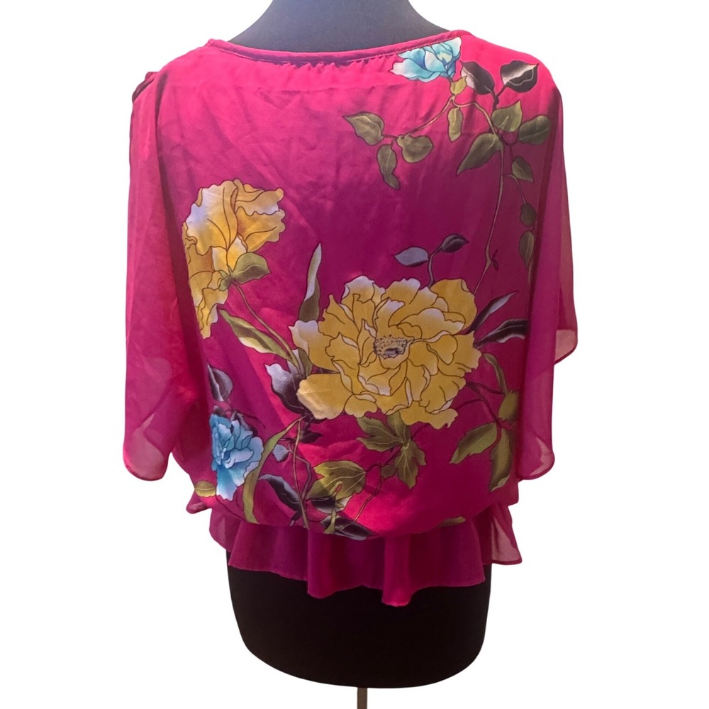 Dressbarn Cold Shoulder Peplum Blouse Hot Pink Floral Petite Large - Picture 2 of 8